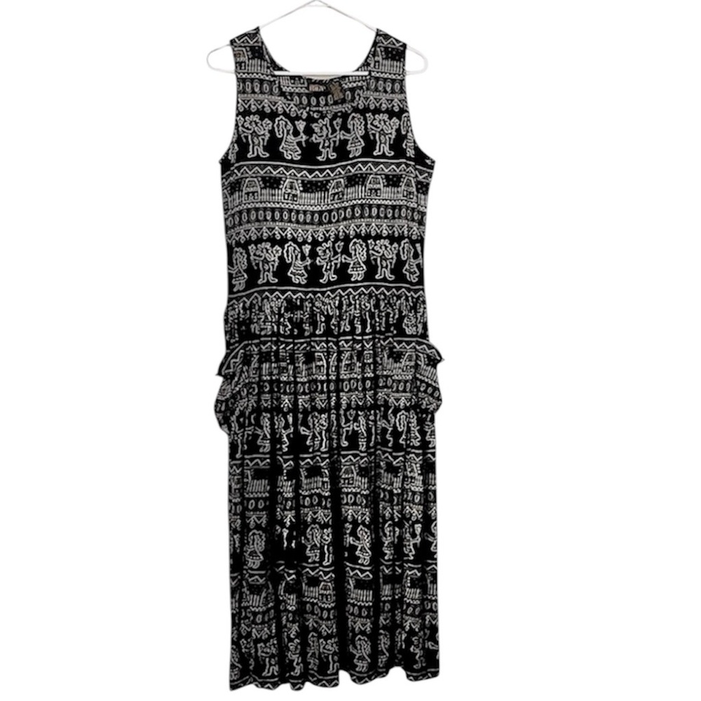 BILA Sleeveless Drop Waist Boho Black White Rayon Loose Fit Pockets Midi Dress S